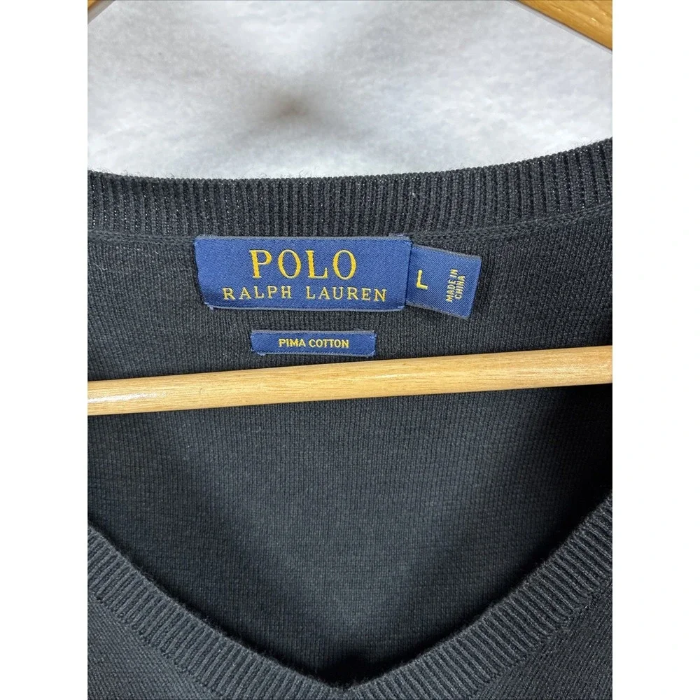 Polo Ralph Lauren Pima Cotton V Neck Sweater Mens Large Black Purple Pony Logo - Picture 3 of 6